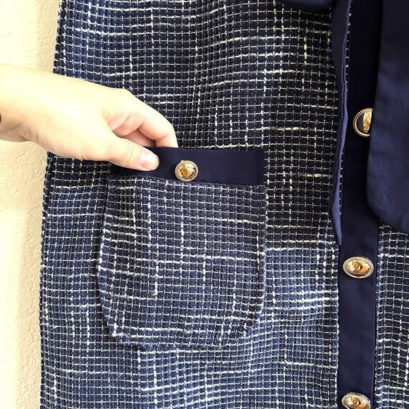 Voy Blue Tweed V-Neck Dress with Contrast Ribbon and Flutter Sleeve Sz S - Picture 4 of 11